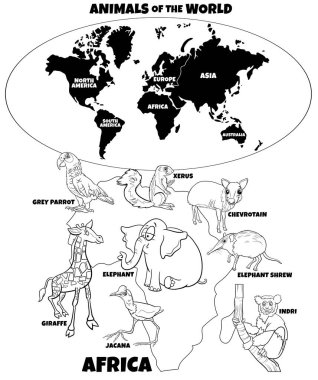 Çizgi film Afrika hayvan türleri ve kıta şekilli dünya haritasıyla kara ve beyaz eğitim illüstrasyonları boyama kitabı sayfası