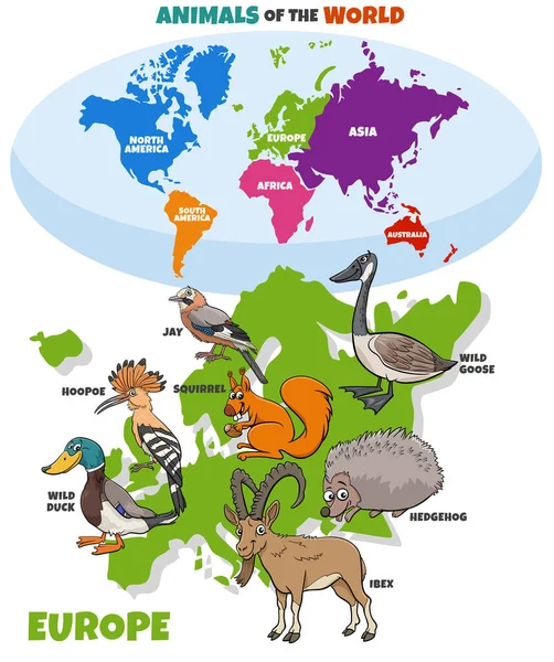 Ilustración Educativa Con Dibujos Animados Animales Europeos Mapa Mundial Con — Vector de stock