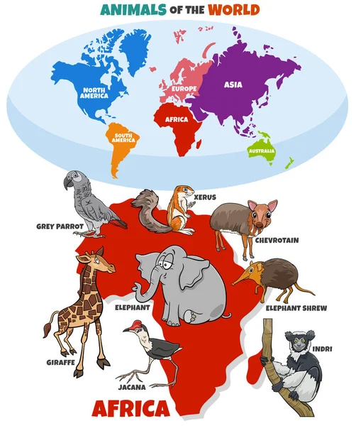 Ilustracja Edukacyjna Kreskówek Afrykańskich Gatunków Zwierząt Mapy Świata Kształtami Kontynentów — Wektor stockowy