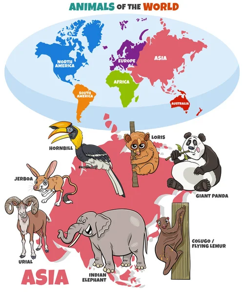 Illustration Éducative Avec Dessin Animé Animaux Asiatiques Carte Monde Avec — Image vectorielle