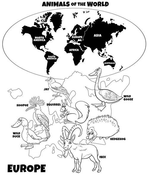 黒と白の教育イラスト漫画ヨーロッパの動物と大陸のぬり絵の本のページと世界地図 — ストックベクタ