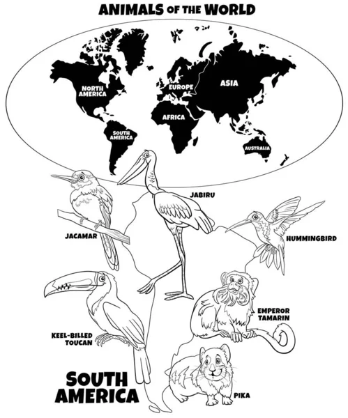 漫画と黒と白の教育イラスト南アメリカの動物種と大陸ぬり絵のページと世界地図 — ストックベクタ