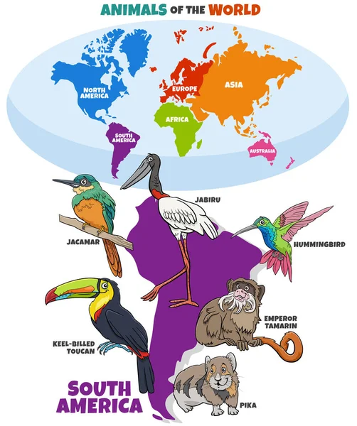 漫画と教育イラスト南アメリカの動物種と大陸と世界地図 — ストックベクタ