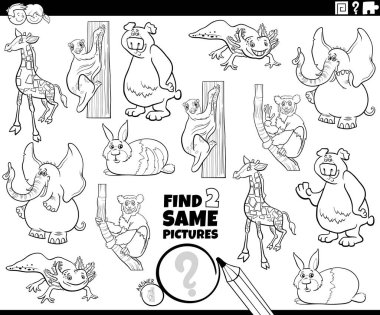 Black and white cartoon illustration of finding two same pictures educational game with comic animals characters coloring book page clipart