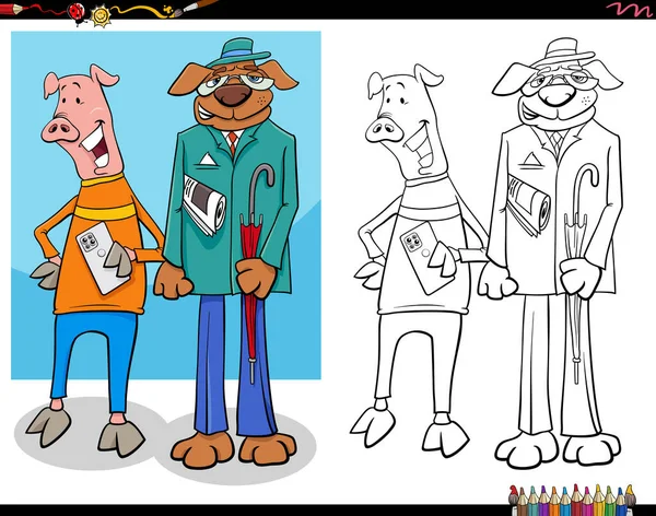 Illustration Dessins Animés Personnages Dessins Animés Porcs Chiens Page Coloriage — Image vectorielle