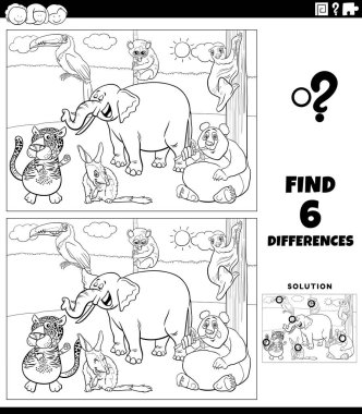 Black and white cartoon illustration of finding the differences between pictures educational game for children with funny animal characters group coloring book page clipart