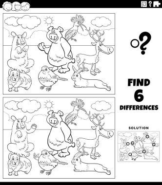 Black and white cartoon illustration of finding the differences between pictures educational game for children with happy animal characters group coloring book page clipart