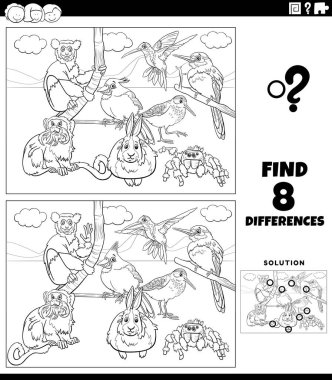 Hayvan karakterleri grup boyama kitabı sayfası olan çocuklara yönelik eğitici görevler arasındaki farklılıkları gösteren siyah beyaz çizgi film çizimi