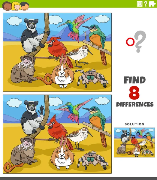 Cartoon Illustration Finding Differences Pictures Educational Task Children Animal Characters — Stock Vector