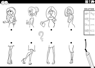 Çizgi roman karakteri boyama sayfası ile resimlerin yarısının eşleştirilmesinin eğitici oyununun siyah beyaz çizimi