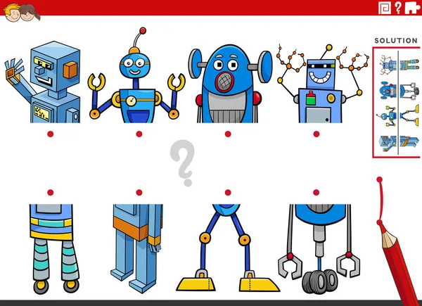 Cartoon Ilustrace Vzdělávacího Úkolu Porovnávání Půlky Obrázků Komiksovými Postavami Robota — Stockový vektor