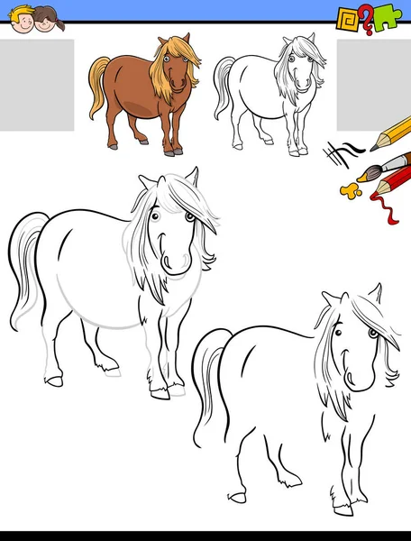Ilustracja Kreskówka Rysowania Kolorowania Działalności Edukacyjnej Dla Dzieci Konia Lub — Wektor stockowy