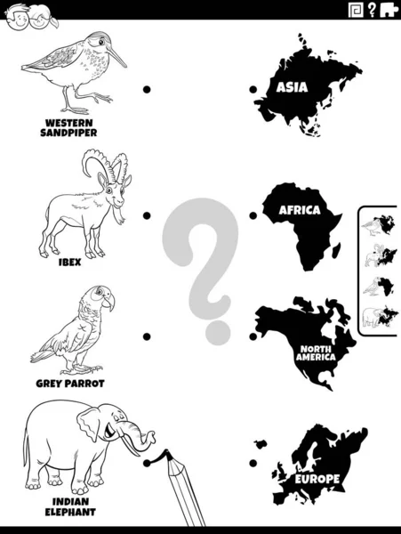 動物種の文字と大陸の着色本のページを持つ子供のための教育マッチングゲームの黒と白の漫画のイラスト — ストックベクタ