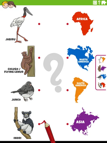 Cartoon Ilustrace Vzdělávací Párování Hra Pro Živočišných Druhů Postav Kontinentů — Stockový vektor