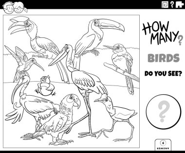 Çizgi film kuşları hayvan karakterleri grup boyama kitabı sayfası olan çocuklar için eğitici sayma görevinin siyah ve beyaz çizimi