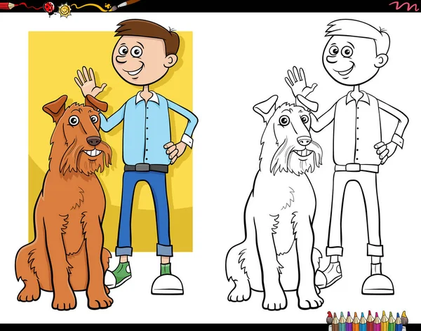 漫画イラストのティーン男の子とともに彼の犬のぬり絵本のページ — ストックベクタ