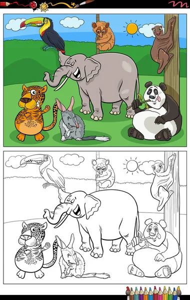 Desenhos Animados Ilustração Personagens Animais Selvagens Grupo Colorir Página Livro — Vetor de Stock