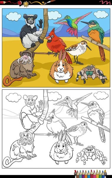 Мультфильм Иллюстрация Смешных Животных Комиксы Персонажей Группы Раскраска Страницы Книги — стоковый вектор