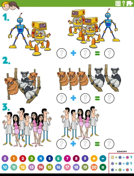 具有漫画人物的教育数学加法题任务的卡通画 — 图库矢量图片