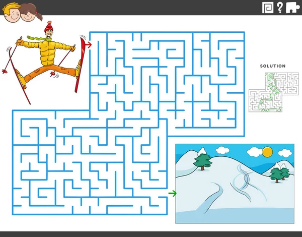Tecknad Illustration Pedagogiska Labyrint Pusselspel För Barn Med Man Skidåkning — Stock vektor
