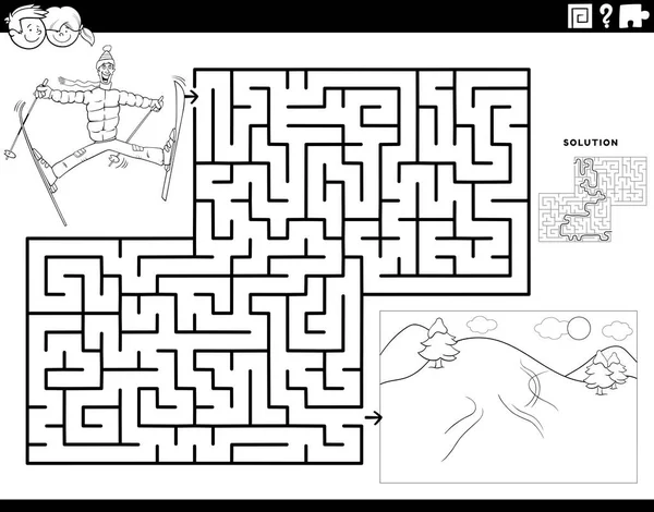 Black White Cartoon Illustration Educational Maze Puzzle Game Children Man — Stock Vector