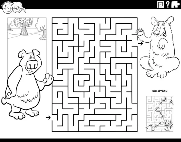 Schwarz Weiße Cartoon Illustration Von Pädagogischen Labyrinth Puzzle Spiel Für — Stockvektor