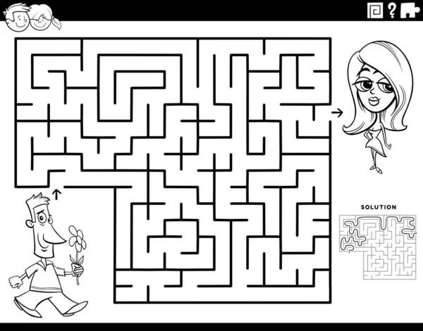 Black White Cartoon Illustration Educational Maze Puzzle Game Children Man — Stock Vector