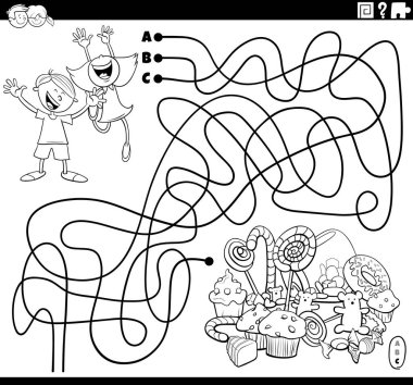 Çizgilerin siyah-beyaz çizimi çocuk çizgi roman karakterleri ve tatlı boyama kitabı sayfası ile labirent oyunu