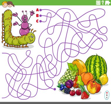 Çizgilerin karikatür çizimi komik tırtıl, karınca karakterleri ve meyve içeren labirent oyunu