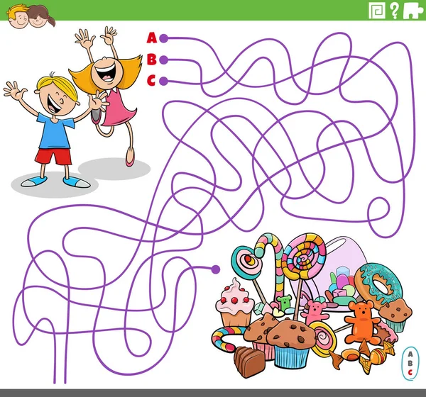 Cartoon Ilustrace Linií Bludiště Puzzle Hra Dětmi Komické Postavy Bonbóny — Stockový vektor