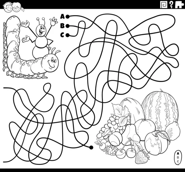 漫画の毛虫とアリの文字や果物の着色本のページと行の迷路パズルゲームの黒と白の漫画のイラスト — ストックベクタ
