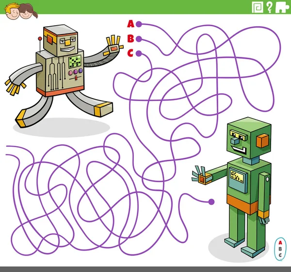 Kreskówka Ilustracja Linii Labirynt Gra Logiczna Komiksowymi Postaciami Robota — Wektor stockowy