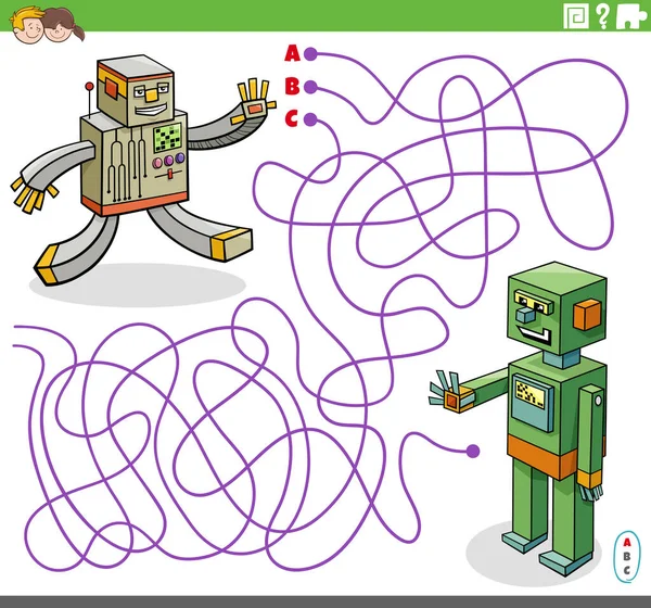 Мультяшна Ілюстрація Ліній Лабіринту Гра Головоломка Персонажами Комічного Робота — стоковий вектор