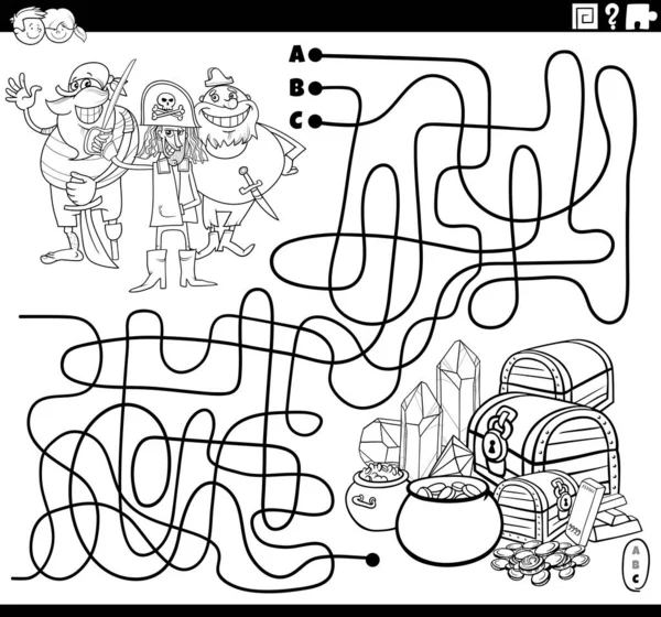 黒と白の漫画のイラストの行の迷路パズルゲーム漫画の海賊のキャラクターと宝ぬり絵の本のページ — ストックベクタ