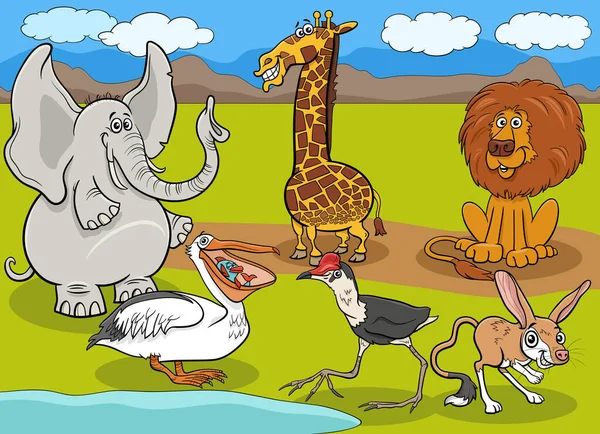 Desenhos Animados Ilustrações Grupo Personagens Animais Africanos Selvagens —  Vetores de Stock