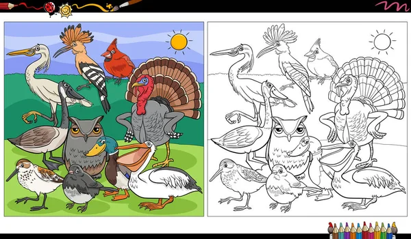 Kuşların Çizgi Film Çizimi Hayvan Karakterleri Boyama Kitabı Sayfası — Stok Vektör