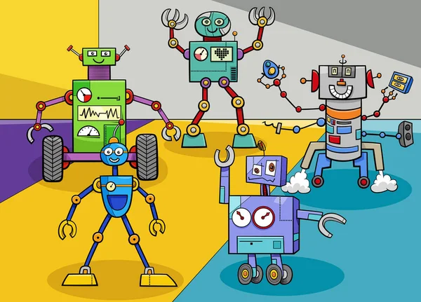 Komik Robotlar Çizgi Roman Karakterleri Grubu Çizimi — Stok Vektör