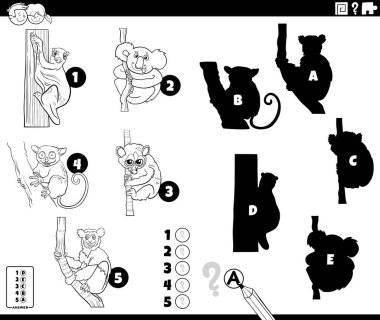 Black and white cartoon illustration of finding the right shadows to the pictures educational game for children with animal characters coloring book page clipart