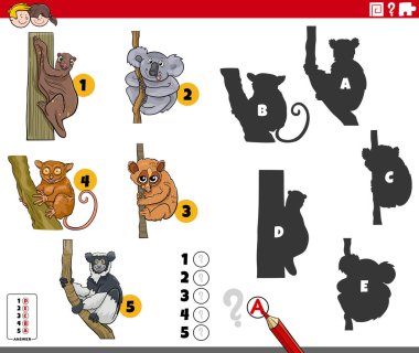 Hayvan karakterli çocuklar için eğitici bir oyun olan resimlerin doğru gölgelerini bulmanın çizgi film çizimi