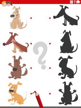 Çizgi film çizimleri, doğru gölgelerle komik köpek hayvan karakterleriyle eğitici görevleri eşleştiriyor.