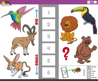 Çizgi film çizimi çizgi roman karakterleri ile en büyük ve en küçük hayvan türünü bulmanın eğitici oyunu