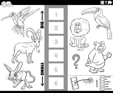 Çocuklar için çizgi roman sayfası boyama karakterleri olan en büyük ve en küçük hayvan türünü bulmanın eğitici oyununun siyah ve beyaz çizimi