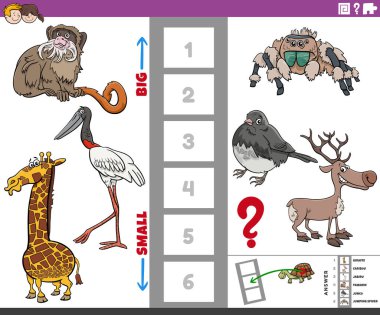 Çocuklar için çizgi roman karakterleri olan en büyük ve en küçük hayvan türünü bulmanın eğitici oyununun çizgi film çizimi