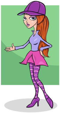 Beyzbol şapkalı güzel genç kadın ya da kız karakterin çizgi film çizimi