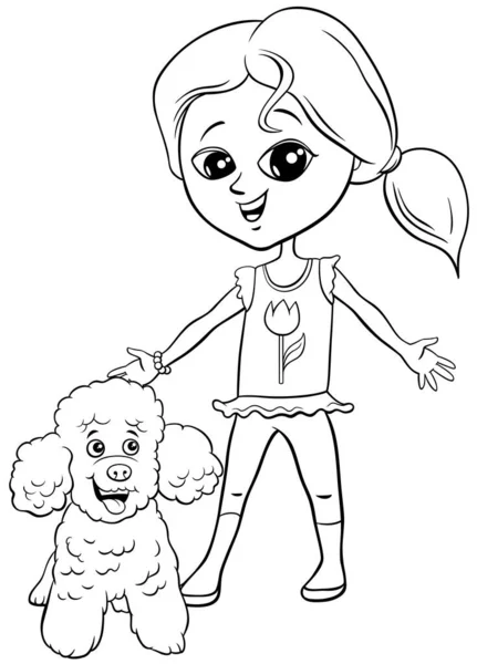 Desenho Animado Preto Branco Ilustração Menina Bonito Com Cão Poodle — Vetor de Stock