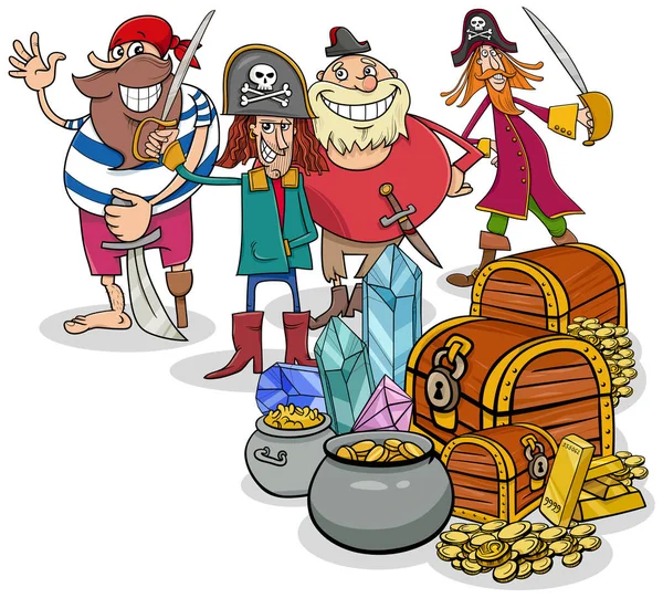 Desenhos Animados Ilustração Personagens Piratas Tesouro Com Pedras Preciosas Ouro — Vetor de Stock