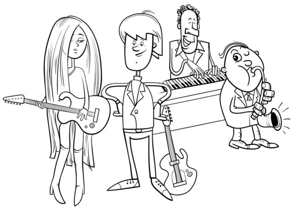 Desenho Animado Preto Branco Ilustração Menina Cara Com Guitarras Banda —  Vetores de Stock