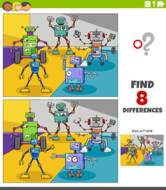 Komik robotlar ve fantezi karakterleri olan çocuklar için eğitici resimler arasındaki farklılıkları gösteren çizgi film çizimi