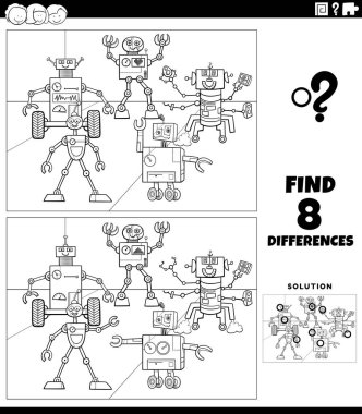 Komik robotları olan çocuklara yönelik eğitici resimler arasındaki farklılıkları gösteren siyah-beyaz çizgi film çizimleri çizgi roman karakterleri boyama sayfası