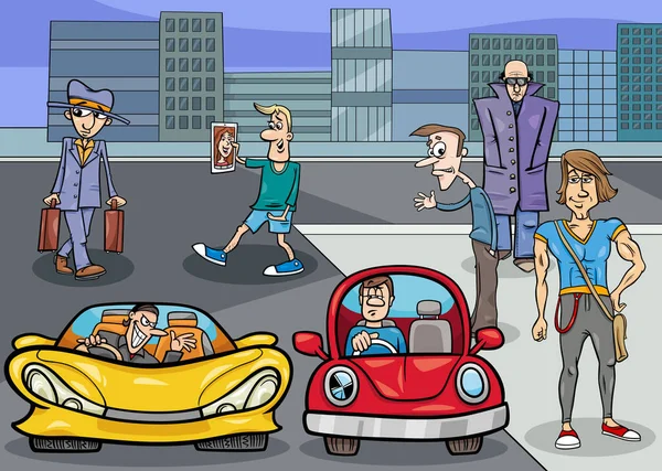 Şehirdeki Komik Karakterlerin Çizgi Film Çizimi — Stok Vektör